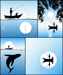 Sticker - Fisherman isolated silhouette. Man fishing in boat. Whale outline