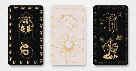 Wall Mural - three tarot cards. space and astrology concept. esoteric aesthetics. magic occult set of tarot cards