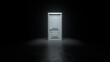 © MIKHAIL - Closed white door in a dark room with bright light. Light shines from door opening in dark room. Abstract dark concrete interior. Fills the space with bright white light. 3D render