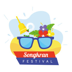 Sticker - songkran festival celebration lettering with flowers and sunglasses