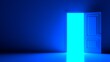 © MIKHAIL - Cool abstract daytime light inside the open white door on warm background. Room interior design element. Modern minimal concept. Opportunity metaphor. Blue room. 3D render