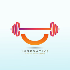 Sticker - Happy Fitness logo design. Dumbbell icon Vector logo design template idea.