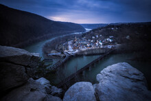 Blue Hour At Harpers Ferry Where The Shenandoah And Potomac Rivers Converge Between Maryland, West Virginia, And Virginia.