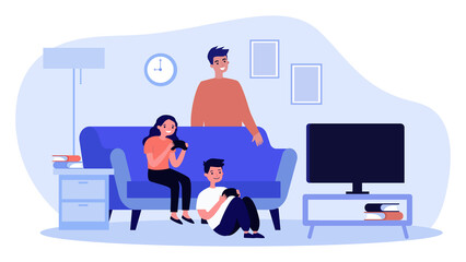 Poster - Cheerful kids playing video game in living room. Sofa, joystick, dad flat vector illustration. Entertainment and childhood concept for banner, website design or landing web page