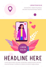 Poster - male hand holding smartphone with woman photo. love, heart, phone flat vector illustration. social m
