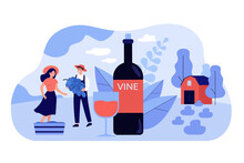 Happy Tiny Couple Producing Natural Wine Flat Vector Illustration. Cartoon Characters Growing Organic Grapes For Making Wine. Alcohol Drinks And Production Concept