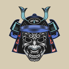 Wall Mural - Japanese samurai mask. Warrior or fighter traditional armor element, angry metal face, blue helmet vector illustration. Military and history concept for symbols and emblems templates