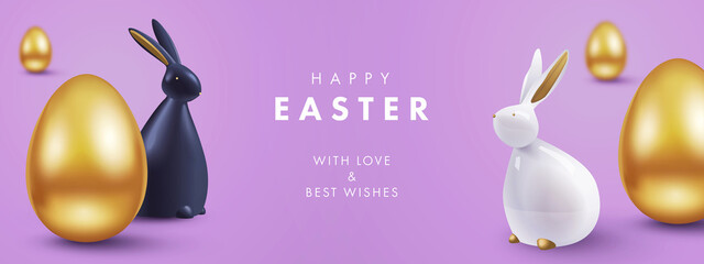 Aufkleber - Easter banner, card, holiday cover, poster or flyer design in 3d realistic style with golden eggs, white and black rabbit on violet background. Modern design for social media, sale, advertisement, web