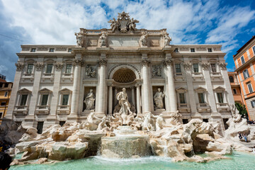  Italy, Rome. The Trevi Fountain, designed by Nicola Salvi. Aqua Virgo, 'Ocean' in center and four allegorical figures on sides representing value of rain to agriculture, prairies and gardens.