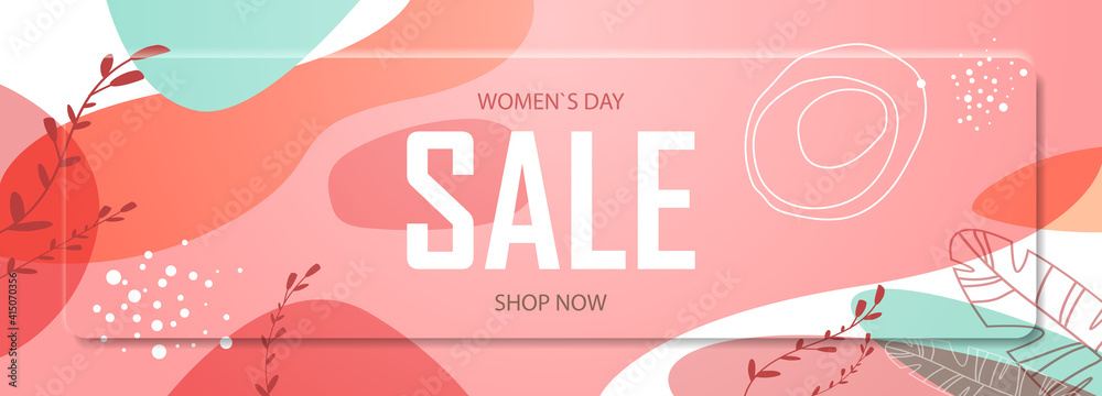 womens day 8 march holiday celebration vibrant sale banner flyer or greeting card with decorative leaves and hand drawn textures horizontal vector illustration - obrazy, fototapety, plakaty 