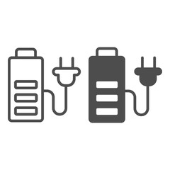 Poster - Battery and cord with plug line and solid icon, electric car concept, charge symbol on white background, battery and electric plug icon in outline style for mobile and web design. Vector graphics.