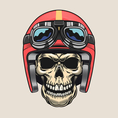 Fototapete - Creative sticker with skull of speed racer. Colorful design element with male skull wearing protective helmet. Bikers club and freedom concept for tattoo, stamp, print template