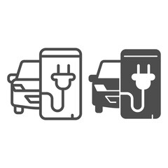 Poster - Electric car and smartphone with plug line and solid icon, electric car concept, Monitoring electric car charging sign on white background, smart phone app with plug icon in outline style. Vector.