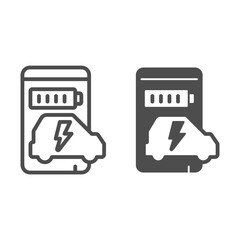 Poster - Smartphone and app for electric car line and solid icon, electric car concept, Smart phone app for monitoring electric car charging progress icon in outline style for mobile and web. Vector graphics.