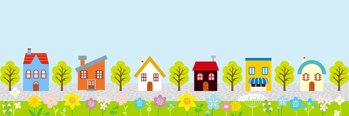 Springtime townscape, cute cartoon style - banner ratio