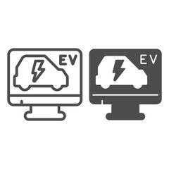 Poster - computer monitor with electric car line and solid icon, electric car concept, ev vehicle repair serv
