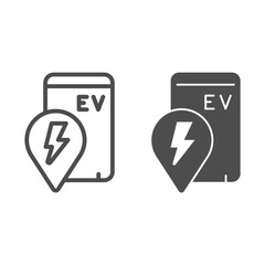 Poster - Location pin and smartphone with ev line and solid icon, electric car concept, location of electric station sign on white background, phone search charge station icon outline style. Vector graphics.