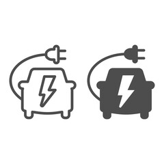 Poster - Car with plug cord and lightning line and solid icon, electric car concept, charging vehicle sign on white background, electric ecological transport icon in outline style for mobile. Vector graphics.