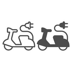 Poster - Electric scooter and cord with plug line and solid icon, electric car concept, EV bike sign on white background, Green transport Symbol in outline style for mobile and web design. Vector graphics.