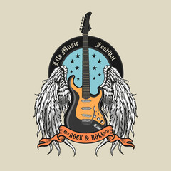 Poster - Engraving badge with winged guitar vector illustration. Colored emblem for live concert with guitar and angel wings. Rock music festival and entertainment concept can be used for retro template