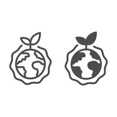 Fototapete - Planet with plant and ozone layer line and solid icon, electric car concept, Green Earth sign on white background, Ozone layer and plant with globe icon in outline style. Vector graphics.
