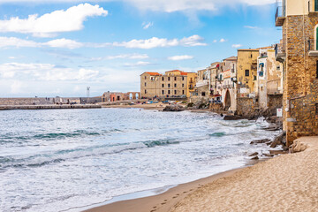 Poster - Italy, Sicily, Palermo Province, Cefalu. The beach on the Mediterranean Sea in the town of Cefalu.