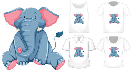 Poster - Set of different shirts with elephant cartoon character isolated on white background