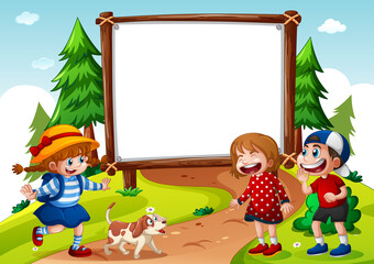 Wall Mural - Blank banner with three kids in nature scene