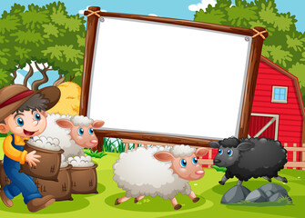 Wall Mural - Blank banner in farm scene with a boy and many sheeps