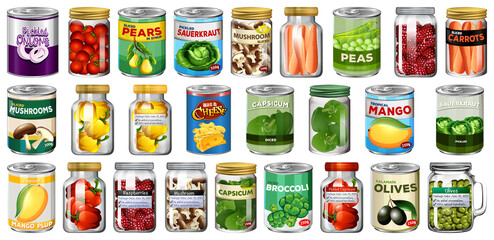 Canvas Print - Set of different canned food and food in jars isolated