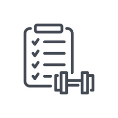 Poster - Clipboard with checklist and dumbbell line icon. Training and exercise schedule vector outline sign.