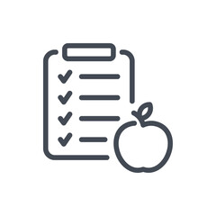 Fototapete - Meal schedule and planner line icon. Clipboard with checklist and apple fruit vector outline sign.