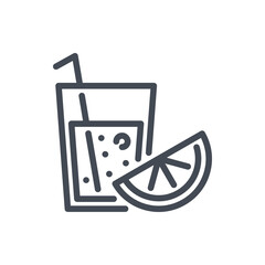 Poster - Fresh juice line icon. Glass with straws and lemon slice vector outline sign.