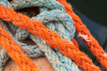 Canvas Print - Italy, Sicily, Agrigento Province, Sciacca. Ropes on a fishing boat in the harbor of Sciacca, on the Mediterranean Sea.