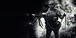 © andy_gin - Portrait of a fighter of a special unit. He lies on the ground and shoots from a heavy machine gun. SWAT concept.