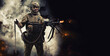 © andy_gin - Portrait of a fighter of a special unit. He lies on the ground and shoots from a heavy machine gun. SWAT concept.