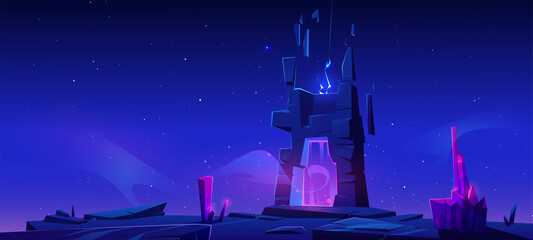 Wall Mural - magic portal in stone frame on mountain at night. vector cartoon fantasy illustration, game landscap