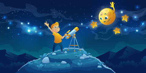 child look in telescope, curious little boy waving hand to friendly moon and stars on dark night sky