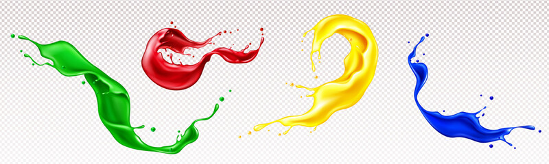 Splashes of liquid paints with swirls and drops isolated on transparent background. Vector realistic set of waves of colorful ink. Flows of red, blue, green and yellow oil or acrylic dyes