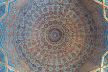 Beautiful Blue White Brown Traditional Floral And Geometric Design Inside Cupola At Ancient Shah Jahan Mosque In Thatta, Sindh, Pakistan