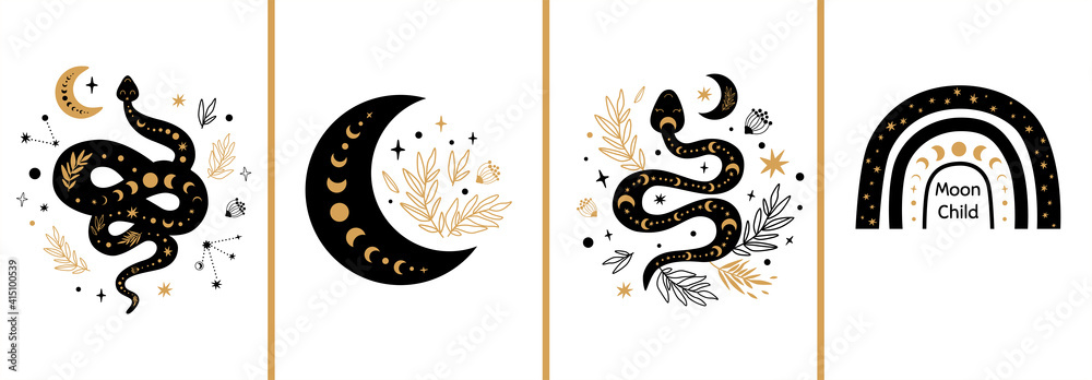 Mystic cards set. Mystical boho floral moon, animal, moon serpent, rainbow Celestial elements Esoteric logo - obrazy, fototapety, plakaty 