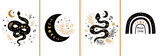 Fototapeta Boho - Mystic cards set. Mystical boho floral moon, animal, moon serpent, rainbow Celestial elements Esoteric logo