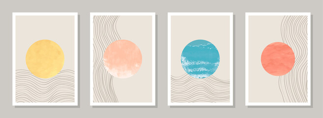 .Trendy abstract minimalist art templates with textured watercolor shapes. Suitable for wall framed prints, posters, home decor, social media posts. Minimalist aesthetic backgrounds set. CMYK