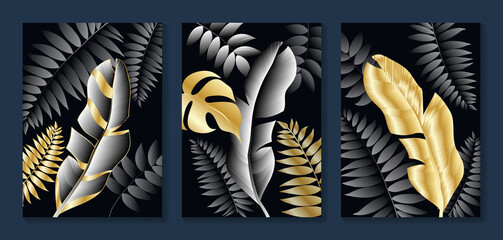 Luxury gold wallpaper.  Black and golden background. Tropical leaves wall art design with dark blue and green color, shiny golden light texture. Modern art mural wallpaper. Vector illustration.