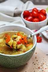 Sticker - Portion of vegetable soup. Homemade dinner.