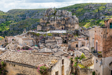 Sticker - Italy, Basilicata, Province of Matera, Matera. Rooftops and Chiesa Rupestre di Santa Maria De Idris.