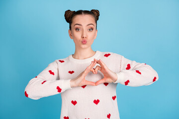 Sticker - Photo of flirty lady fingers show heart send air kiss wear heart print pullover isolated blue background