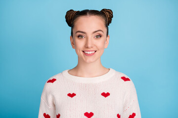 Wall Mural - Photo of charming positive lady toothy smile look camera wear heart print pullover isolated blue background