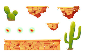 Wall Mural - Cartoon elements for arcade game platform, 2d ui design desert landscape for computer or mobile. Cacti, flying rocks for jumping, bonus assets, items for nature location Vector illustration, icons set