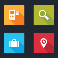 Poster - Set Pos terminal, Magnifying glass, Suitcase for travel and Location with star icon. Vector.